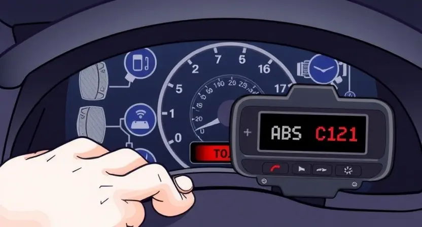 A detailed technical illustration of an automotive anti-lock braking system (ABS) warning light C0121 error on a car dashboard, showing symbols like brake pads, sensors, and hydraulic components, with a mechanic's hand holding a diagnostic scanner displaying error code C0121, clean background, high detail