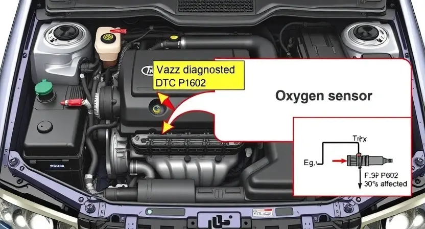 A detailed illustration of a VAZ/Lada car engine bay, highlighting the diagnostic trouble code (DTC) P1602. Include visual cues representing the affected component (e.g., oxygen sensor) and a schematic diagram showing the sensor's location and connection.