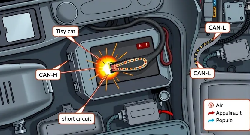 A detailed technical illustration of a car's CAN bus circuit showing a short circuit between CAN-H and CAN-L wires, with visible sparks or heat damage at the fault point, surrounded by automotive electronic components like ECU, sensors, and wiring harnesses, rendered in a clean, professional technical diagram style with labeled parts and subtle circuit traces