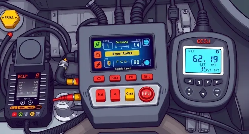 A detailed illustration of a car's engine control unit (ECU) with various diagnostic tools connected. Focus on the ECU's display showing error codes, and surrounding components like sensors and wiring. The image should convey a sense of technical precision and automotive repair.