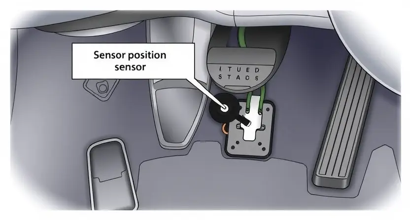 A close-up, detailed illustration of a car's accelerator pedal assembly, highlighting the position sensor. Show the pedal, the sensor mechanism, and surrounding components like wiring and linkages. Focus on the sensor's physical appearance and its connection to the pedal.