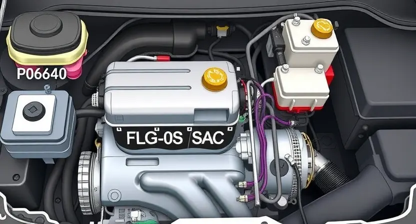 A detailed illustration of a car's engine bay, focusing on the air intake heater circuit. Show wiring, hoses, and components related to the heater, with a visual representation of the P0640 error code (e.g., a small diagnostic light or symbol). The image should be clean and well-lit, highlighting the relevant parts.