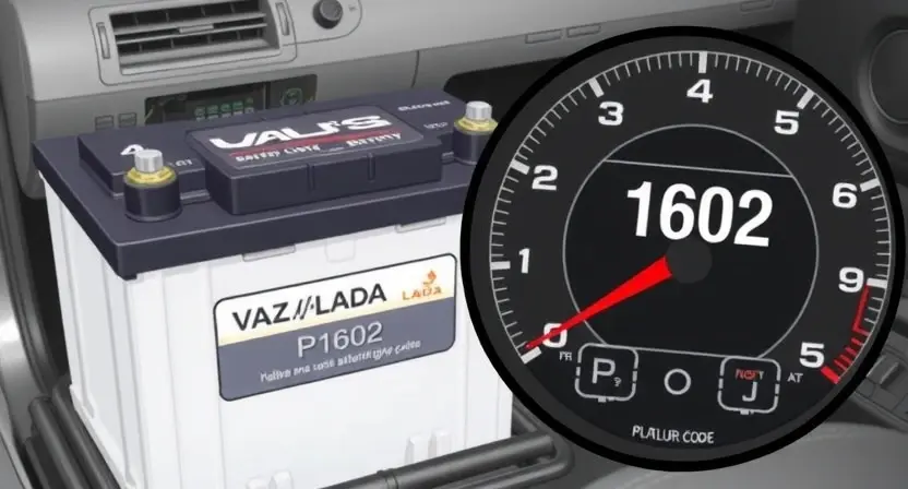 A detailed illustration of a VAZ/Lada car battery with a visual representation of a P1602 error code displayed on a dashboard. The battery should be clearly visible, showing its terminals and connections. The dashboard should display the error code in a readable format, with accompanying icons indicating a battery-related issue. The background should be a slightly blurred image of a car interior.