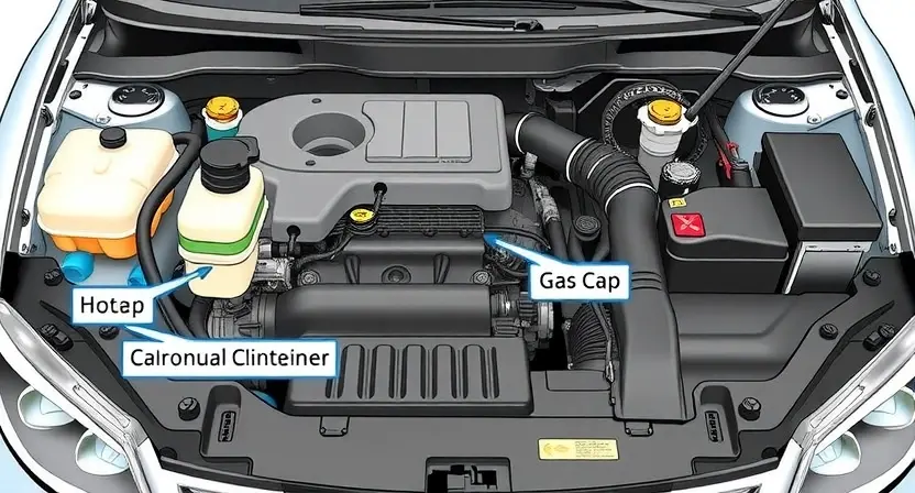 A detailed illustration of a car's engine bay with a focus on the evaporative emissions (EVAP) system components. Highlight the gas cap, charcoal canister, and associated hoses. Use clear, bright colors to differentiate parts. The engine should appear clean and well-maintained.