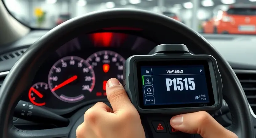 A detailed technical illustration of an Opel car dashboard showing an illuminated P1515 error code warning light, with a mechanic's hand holding a diagnostic scanner, close-up view of the scanner screen displaying the error code, clean modern automotive workshop background, high-quality realistic rendering