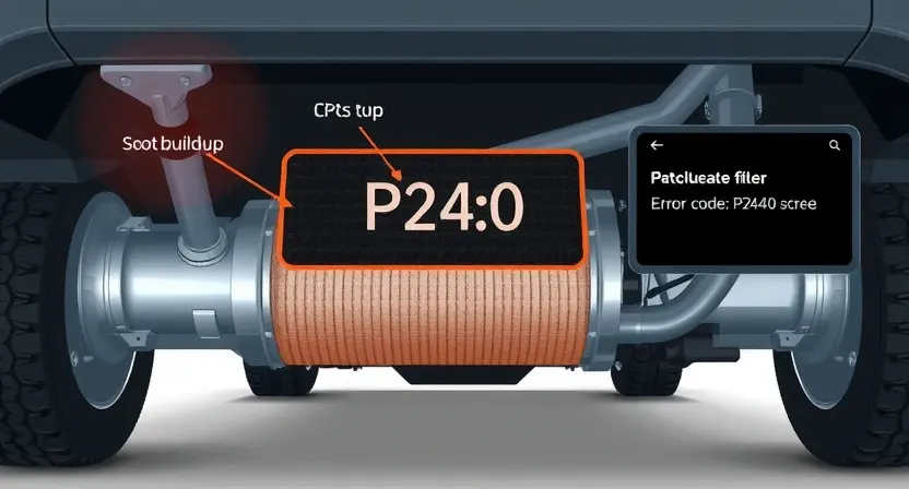 A high-quality technical illustration showing a modern diesel vehicle's exhaust system with a highlighted particulate filter, displaying warning signs like soot buildup and error code P24A0 on a diagnostic screen, with clean lines, technical accuracy, and professional color scheme