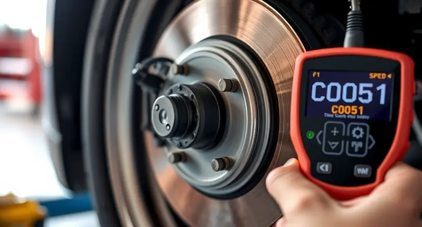A close-up of a car's wheel speed sensor mounted near the brake rotor, with visible wiring and a diagnostic scan tool displaying error code C0051 on its screen, set in a clean automotive workshop environment with soft natural lighting