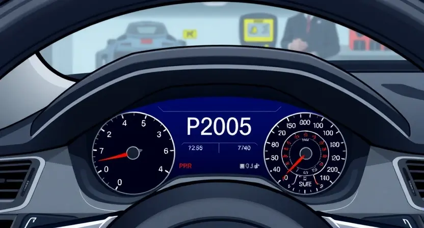 A detailed illustration of a car dashboard displaying a P2005 error message. The dashboard should be clean and modern, with a focus on the error indicator. Include subtle visual cues suggesting engine performance or diagnostic tools in the background.