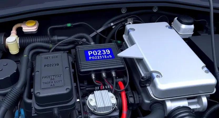 A detailed illustration of an automotive engine bay with a focus on the engine control unit (ECU) and associated wiring. The image should depict the P0239 error code indicator light illuminated on the dashboard, accompanied by a visual representation of the relevant engine components and sensors. The overall scene should be clean and well-lit, showcasing the technical aspects of the vehicle's electrical system.