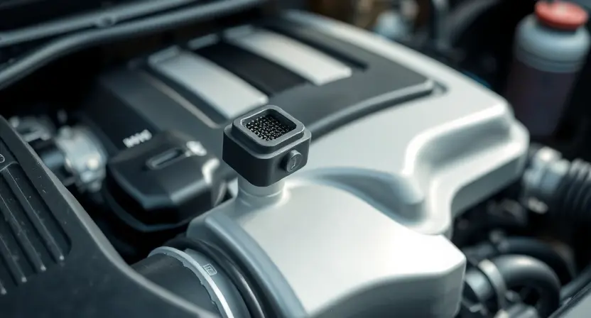 A close-up shot of a car's engine bay, focusing on the mass airflow sensor. The sensor should be clearly visible, with surrounding engine components blurred in the background. The overall lighting should be bright and clean, highlighting the sensor's details. The engine should appear well-maintained and modern.