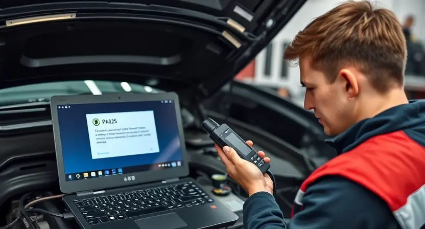A mechanic using a diagnostic scanner connected to a car's OBD-II port under the hood, with a laptop displaying error code P3425 on the screen, in a well-lit garage setting, realistic style, high detail, professional automotive repair context