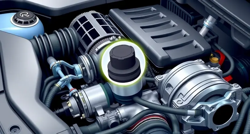 A detailed illustration of a car engine bay with a clear focus on the mass airflow sensor (MAF sensor). The MAF sensor should be highlighted with a glowing effect or a subtle outline to draw attention. Include surrounding engine components like intake manifold, air filter box, and throttle body, rendered with realistic detail. The overall lighting should be bright and clean, emphasizing the technical aspects of the engine. The image should convey a sense of precision and engineering.