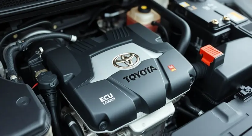 A close-up shot of a Toyota engine bay, focusing on the engine control unit (ECU) and related components. The engine should appear clean and well-maintained. Subtle visual cues indicating a potential sensor issue (e.g., a slightly disconnected wire, a sensor with a minor imperfection) can be included without being overly obvious. The overall lighting should be bright and professional, highlighting the details of the engine components.