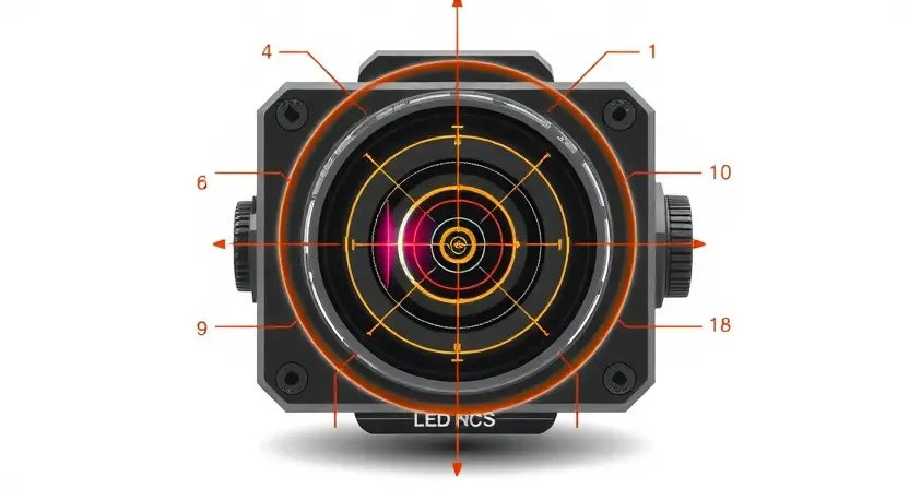 A high-quality technical illustration showing a front-facing camera module with a dynamic calibration target overlay, precise engineering details, clean white background, professional lighting, no text or numbers on the image