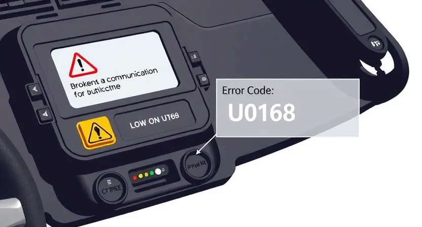 A high-quality technical illustration of a car's anti-theft control module (U0168) showing a broken communication link, with warning symbols and error code U0168 displayed prominently, clean background, technical diagram style