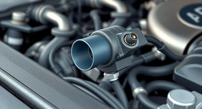 A close-up, detailed illustration of a car's engine bay. Focus on the mass airflow sensor (MAF sensor) and its surrounding components. The sensor should be clearly visible, with wires and hoses connected. The overall lighting should be bright and clean, highlighting the sensor's details. The background should be slightly blurred to emphasize the sensor.