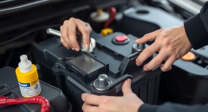 A close-up of a car battery being replaced. A mechanic's hands are shown carefully disconnecting the old battery and connecting a new one. Tools like a wrench and battery terminal cleaner are visible in the background. The scene is well-lit and focuses on the battery replacement process. The car's interior is subtly visible, suggesting a modern vehicle. Focus on the battery and the hands performing the replacement.