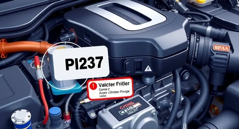A high-quality technical illustration showing a modern car engine with a highlighted cylinder #2, displaying a warning label for error code P2337, with visual cues like a detonation symbol and diagnostic tools, clean background, professional lighting
