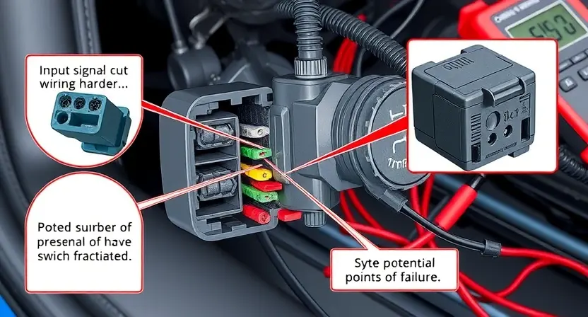 A detailed illustration of a car's ignition switch and wiring harness. Focus on the area where the input signal circuit is located. Show close-ups of the connector and wiring, highlighting potential points of failure. The image should depict a technical inspection scene, with tools like a multimeter subtly visible in the background.