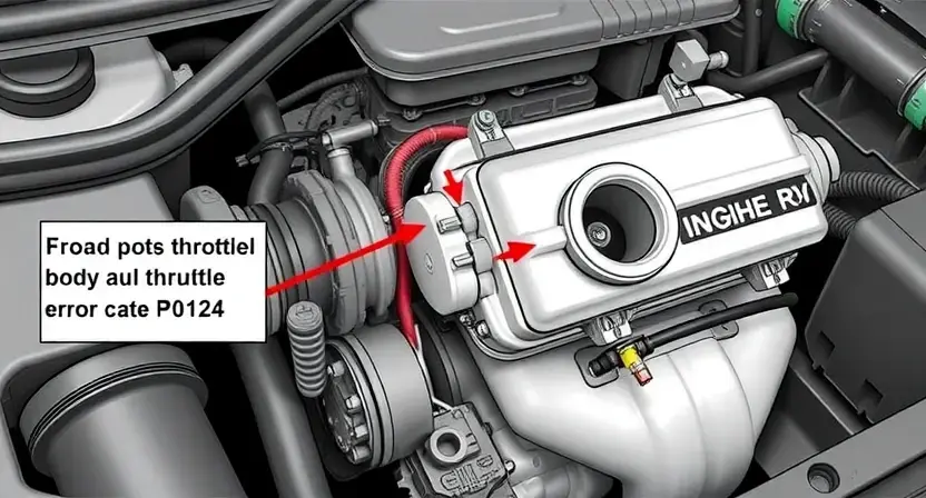 A close-up illustration of a car's engine bay, highlighting the throttle body and associated sensors. The throttle body should be clearly visible, with arrows pointing to the air intake and the position sensor. The image should convey a sense of mechanical detail and precision. Focus on the components related to the P0124 error code.
