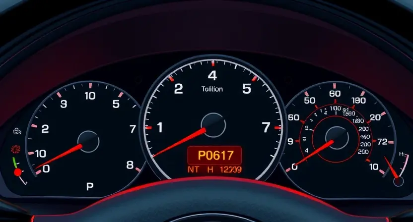 A detailed illustration of a car's dashboard with a warning light illuminated, displaying the error code P0617. The dashboard should show various gauges and indicators, with a focus on the error code display.