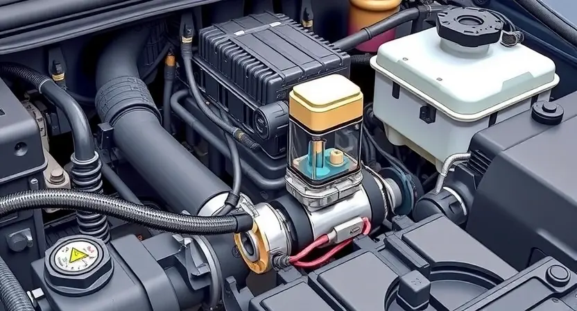 A detailed illustration of a car's engine bay, focusing on the solenoid valve for pressure control (E). The image should clearly show the solenoid valve, its wiring connections, and the surrounding electrical components. High-quality, realistic depiction.