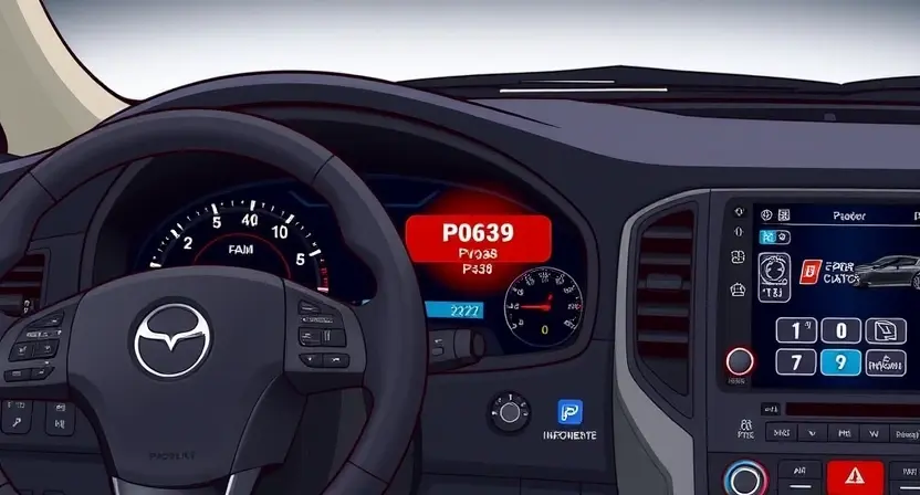 A detailed illustration of a car's dashboard with a P0638 error message displayed on the instrument cluster. The dashboard should show various car components like the steering wheel, speedometer, tachometer, and infotainment screen. The error message should be clearly visible and highlighted.