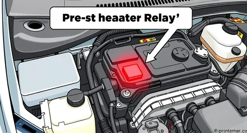 A detailed illustration of a car engine compartment with a focus on the pre-start heater relay. Show the relay highlighted with a red glow to indicate the error. Include other engine components in the background to provide context, such as the battery, wiring harness, and coolant system. The image should have a technical and precise feel, suitable for a repair manual.
