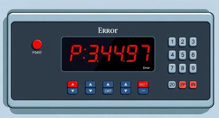 A detailed illustration of a security system's control panel displaying an error message 'P3497'. The panel should have a modern, clean design with digital displays and buttons. Focus on the error message and its visual representation.