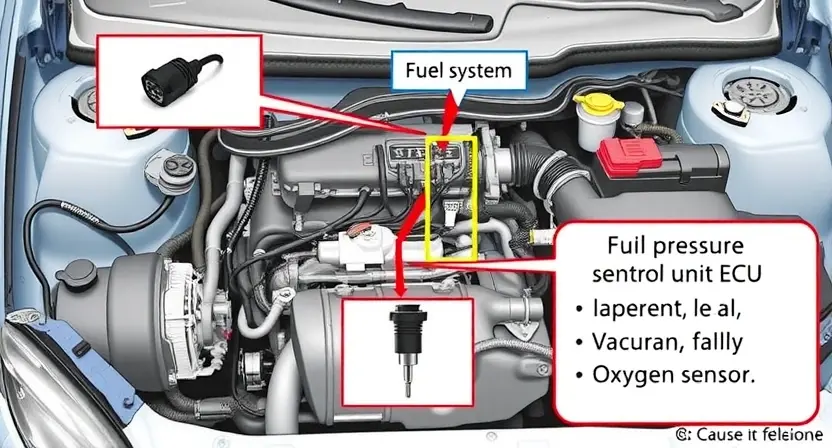 A detailed illustration of a car's engine bay, focusing on the fuel system. Include a diagram highlighting the fuel pressure sensor and its connection to the engine control unit (ECU). Show a visual representation of the P0178 error code and its potential causes (e.g., vacuum leak, faulty oxygen sensor).