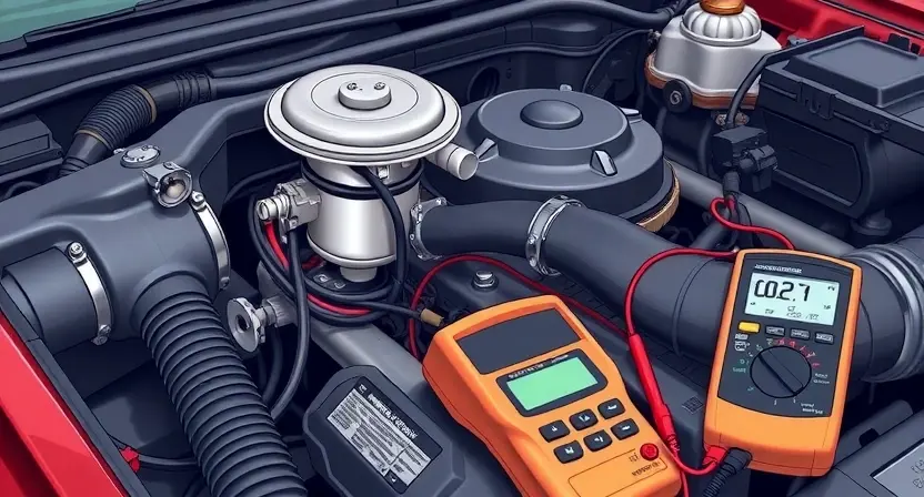 A detailed illustration of a car's engine bay, focusing on the fuel pump and related wiring. The wiring should be clearly visible, with some potential signs of damage or wear. Include a diagnostic tool (like a multimeter) near the fuel pump. The background should be slightly blurred to emphasize the engine components.