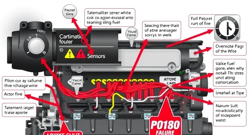 A detailed illustration of an engine control unit (ECU) with various sensors and wiring, highlighting potential points of failure related to P0180 error codes. Include visual representations of fuel and vacuum systems.