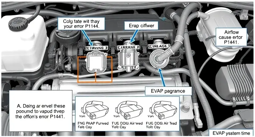 A detailed technical illustration showing the EVAP system of a GM or Chevrolet vehicle, highlighting the component causing error P1441, with clear labels and diagrams of airflow and vapor pathways