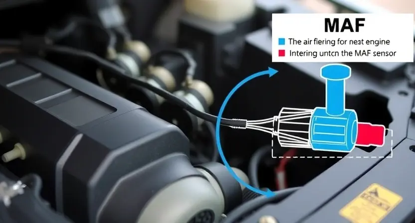 A close-up illustration of a car's engine bay, highlighting the Mass Air Flow (MAF) sensor. The sensor should be clearly visible, with wires connected to it. Include a simplified diagram showing airflow entering the engine and the MAF sensor measuring it. Focus on the sensor's physical appearance and its location within the engine compartment. The background should be slightly blurred to emphasize the sensor.
