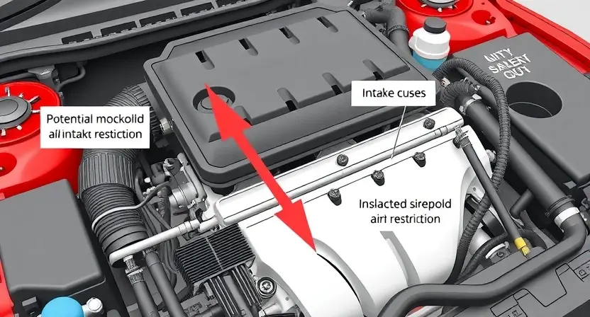 A detailed illustration of a car engine with a focus on the intake manifold and related components. Highlight potential blockage points within the intake system. Use visual cues to represent airflow restriction. The overall image should convey a sense of mechanical complexity and diagnostic investigation.