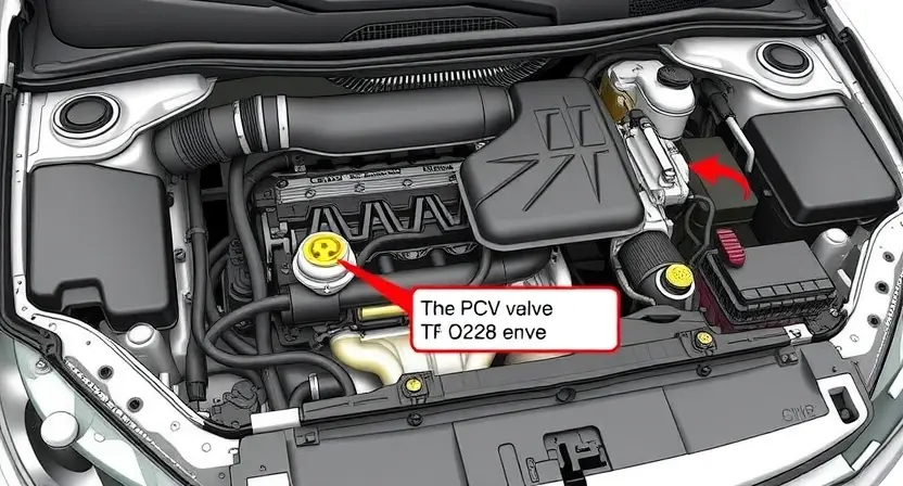 A detailed illustration of a car's engine bay, focusing on the location of the PCV valve and its associated sensor. The image should clearly show the valve, the sensor connected to it, and the surrounding components. Use realistic lighting and textures to depict the engine components.