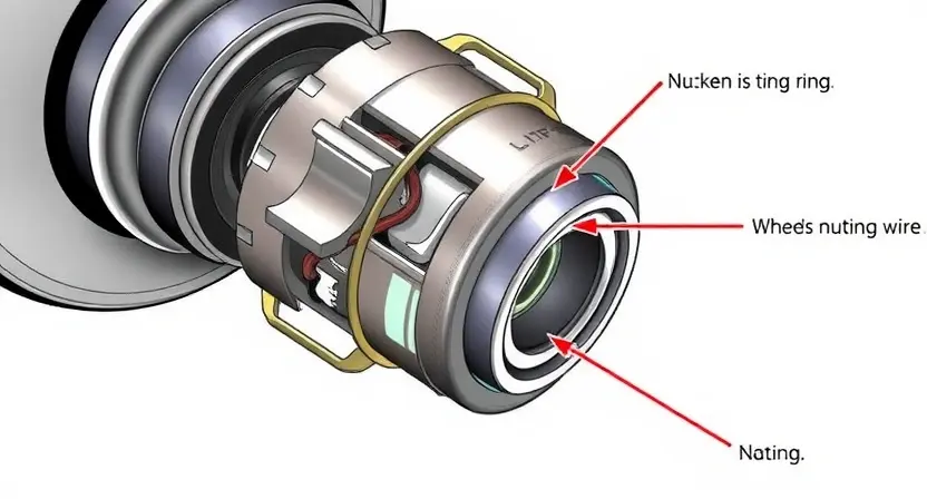 A close-up technical illustration of a car wheel speed sensor (датчик бо) with visible wiring, magnetic ring, and sensor tip, showing signs of wear or damage such as corrosion, broken wire, or dirt buildup, set against a clean white background with subtle diagnostic callout lines pointing to faulty components, in a professional automotive repair manual style