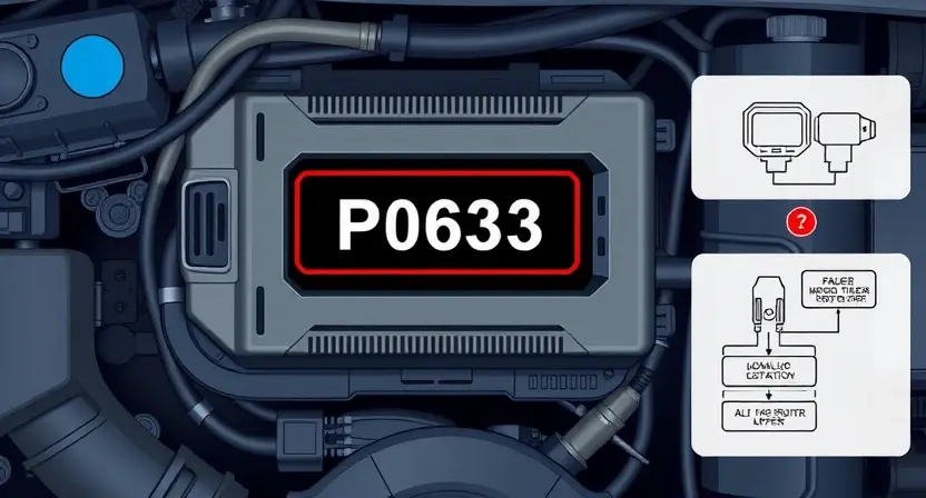A detailed illustration of a car's engine control unit (ECU) with a highlighted error code P0633. The ECU should be surrounded by diagnostic tools and a schematic diagram of the car's immobilizer system. Focus on the visual representation of the error code and its connection to the immobilizer.