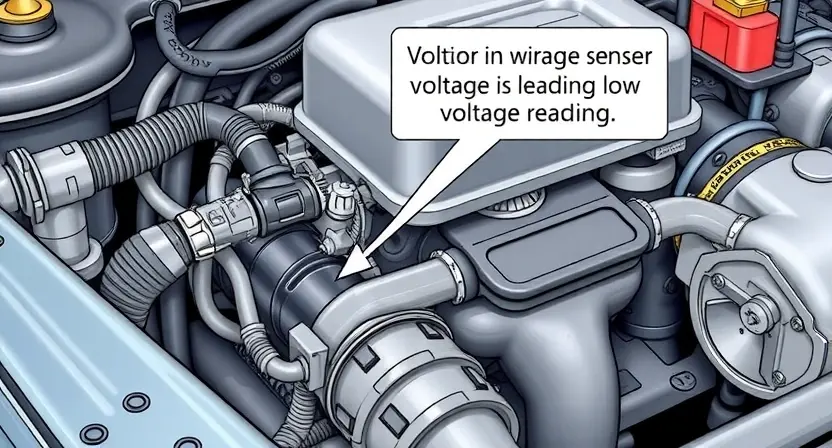 A detailed illustration of an automotive engine bay, focusing on the oxygen sensor and its wiring. The sensor should be clearly visible, along with the wiring harness and connector. Include a visual representation of the potential voltage issue, perhaps with a subtle graphical overlay indicating a low voltage reading.