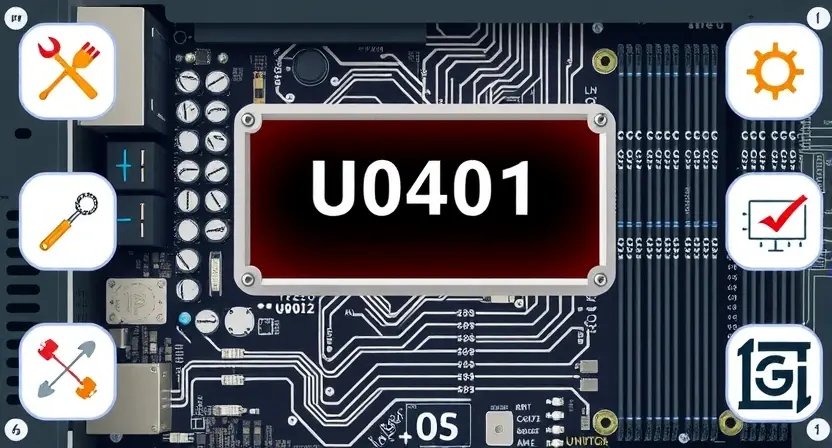 A high-quality technical illustration showing a computer motherboard with a highlighted error code U0401 displayed on a diagnostic screen, surrounded by icons of tools and circuit diagrams, clean and professional visual style