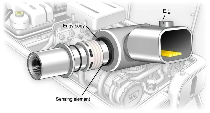 A detailed illustration of a Mass Air Flow (MAF) sensor in an Opel or Chevrolet engine. The sensor should be clearly visible, with its components labeled (e.g., sensor body, electrical connector, sensing element). The background should be a clean, technical environment, possibly a workshop or engine bay. Focus on accuracy and clarity of the sensor's design.
