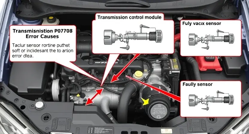 A detailed illustration of a car's engine bay with various components clearly visible, focusing on the area related to the P0708 error code. Include diagrams showing potential causes like vacuum leaks, faulty sensors, or issues with the transmission control module. The image should be informative and visually appealing, highlighting the relevant parts.