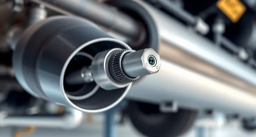 A close-up technical illustration of an automotive oxygen sensor (O2 sensor) installed in an exhaust pipe, showing the sensor tip and wiring connector, with a clean industrial background, high detail, realistic lighting, no text or labels