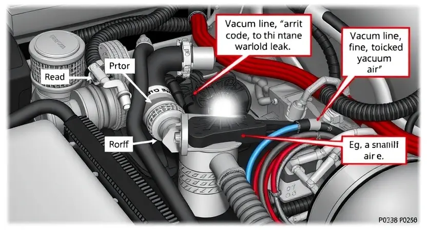 A detailed illustration of an automotive wiring harness with a focus on the P0238 error code related to a vacuum leak. Show the vacuum line connected to the intake manifold, with a visual representation of a potential leak (e.g., a small puff of air). Include labels indicating the relevant components and wiring.