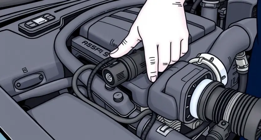 A close-up, detailed illustration of a car engine bay with a mechanic inspecting the mass airflow sensor. The sensor should be clearly visible, along with wiring and hoses. Focus on the sensor and its immediate surroundings. The engine should appear clean and well-maintained.