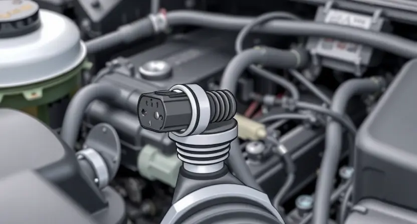 A detailed illustration of a car's engine bay, focusing on the crankshaft position sensor. The sensor should be clearly visible, along with wiring and connectors. The background should be slightly blurred to emphasize the sensor.