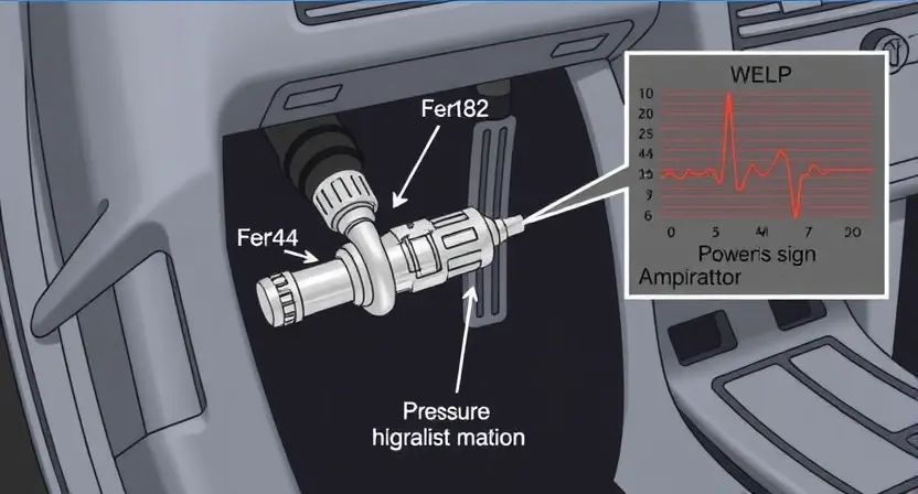 A detailed illustration of a car's power steering system, focusing on the pressure sensor and its connection to the hydraulic amplifier. Include visual cues representing intermittent signal issues, such as flickering or distorted lines on a schematic.