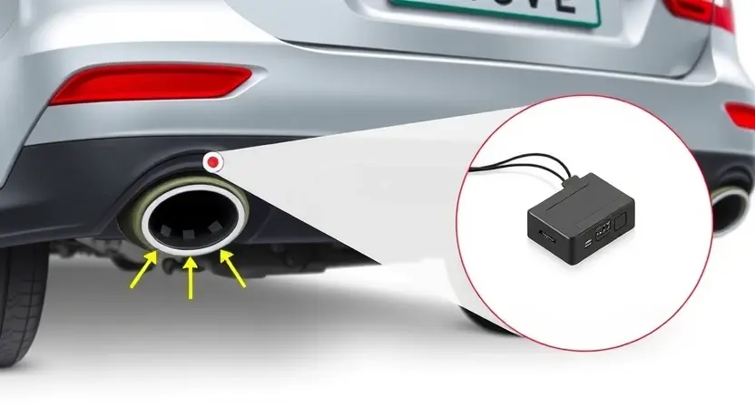 A close-up, detailed illustration of a car's parking sensor system. Show the sensors embedded in the bumper, the wiring connecting them to the control module, and a simplified representation of the control module itself. The background should be a slightly blurred view of a car's rear end. Focus on the technical aspects of the system, emphasizing the connections and components.