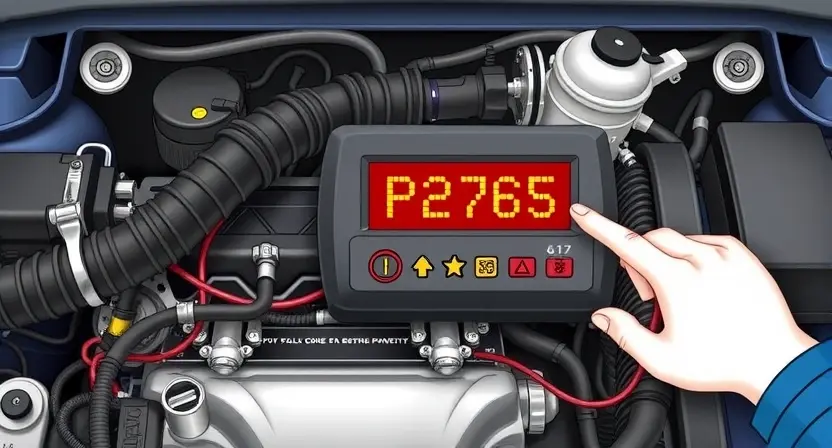 A detailed illustration of an automotive engine bay with a focus on the diagnostic panel displaying the error code P2765. The engine should be partially visible, showcasing various components like hoses, wires, and sensors. The diagnostic panel should clearly show the P2765 code highlighted in red, along with relevant diagnostic tools and a mechanic's hand pointing to the code.