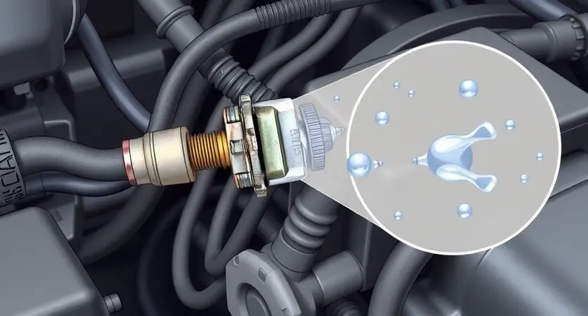 A detailed illustration of a fuel system in a vehicle, highlighting the fuel-water sensor and its surrounding components. The image should show the sensor with visible wiring and connections, indicating a potential contamination issue with water in the fuel. The scene should include a close-up of the sensor with signs of corrosion or damage, and a visual representation of water droplets or moisture within the fuel lines. The overall setting should be a vehicle engine bay with a focus on the fuel